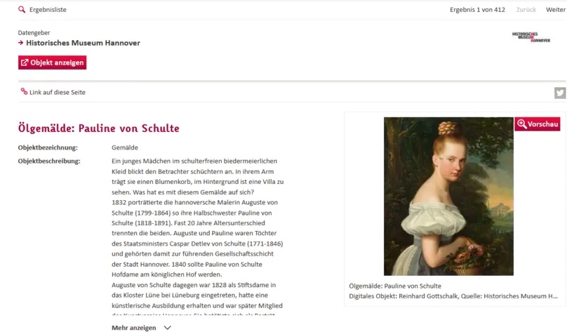 screenshot einer Museumsseite, Ölgemälde Pauline von Schulte